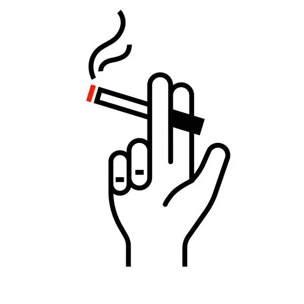 stock vector hand holding a lit cigarette between two fingers, with smoke rising from the red burning tip outline black and white outline style