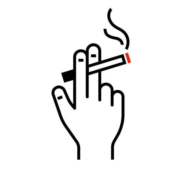 stock vector hand holding a lit cigarette between two fingers, with smoke rising from the red burning tip outline black and white drawing style