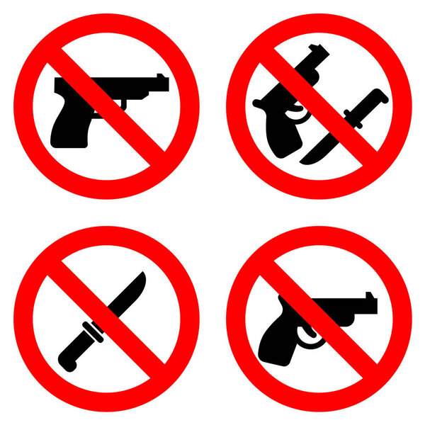 No gun, no knive, Sharp Weapons and Firearms not Allowed sign, prohibition of carrying weapons or  illegal object in a designated area set