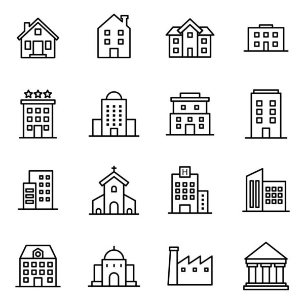 building icon illustration black and white, house, school, hotel, office building, shopping mall, university, hospital images