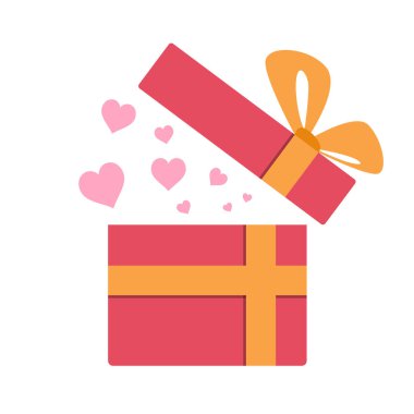 Sarı kurdeleli kırmızı pembe hediye kutusu simgesi, açık hediye kutusu içeriden kalp sembolü, düz tasarım