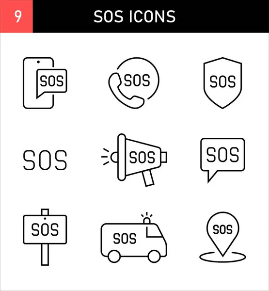 stock vector 9 SOS Icons Set Emergency and Saving People sign Looking for Help