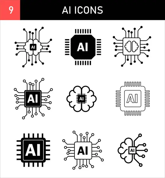 stock vector AI Artificial Intelligence Processor Chip and Human Brain Iconset Symbol