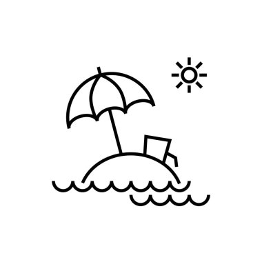 Sahilde güneşli bir plaj şemsiyesi, küçük bir ada ikonu, Yaz Tatili