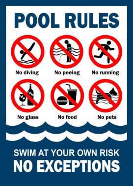 Yüzme havuzu kuralları işareti. Yüzme havuzu 2 'de yasak eylemler