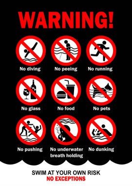 Yüzme havuzu tehlike uyarısı. Yüzme havuzu 2 'de yasak eylemler