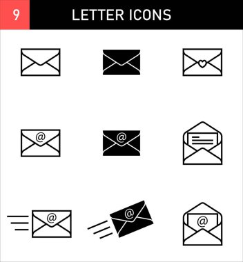 9 harf e-posta zarfı simgesi ana hatları siyah ve beyaz illüstrasyon