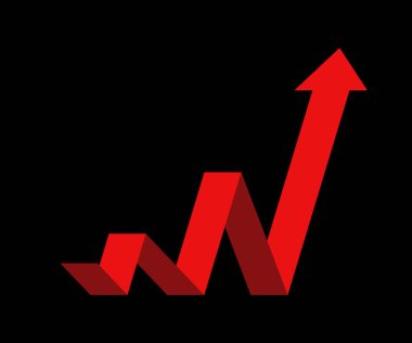 Kırmızı ok grafiği, siyah arka planla birlikte yükselişte. Ticari kar büyümesi ekonomik patlama ve finansal ihtiyaç fazlası.