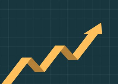 Sarı iş ok grafiği, koyu mavi arka plan ile sürekli olarak ızgaranın arkasında yükseliyor. Ticari büyüme ve ticari kar düz tasarımı temsil ediyor.