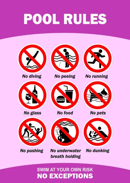 Yüzme havuzu tehlike uyarısı işaretini belirler. Pembe arka planda yüzme havuzunda yasak eylemler - havuz güvenliği uyarısı