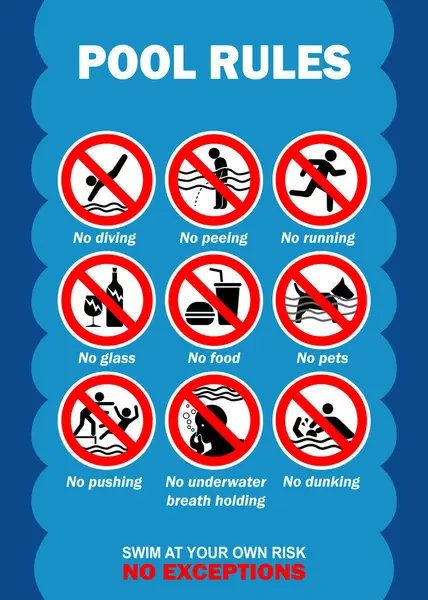 Yüzme havuzu tehlike uyarısı işaretini belirler. Mavi arka planda yüzme havuzunda yasak eylemler - havuz güvenliği uyarısı