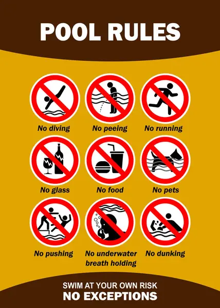 Yüzme havuzu tehlike uyarısı işaretini belirler. Sarı arka planda yüzme havuzunda yasak eylemler - havuz güvenliği uyarısı