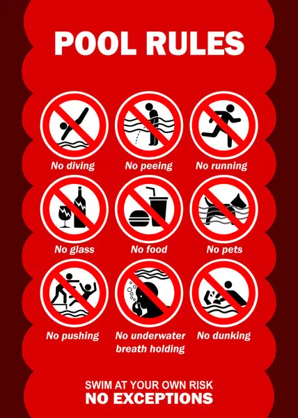 Yüzme havuzu tehlike uyarısı işaretini belirler. Kırmızı arka planda yüzme havuzunda yasak eylemler - havuz güvenliği uyarısı
