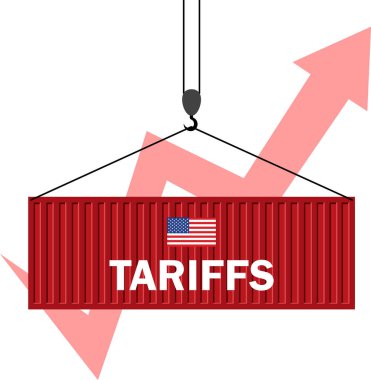 Yükselen Ok Grafiği Nakliye Konteynerleri ve ABD Bayrak Temsilcisi Artan ABD İthalat Tarifleri. Ticaret Savaşı Konsepti