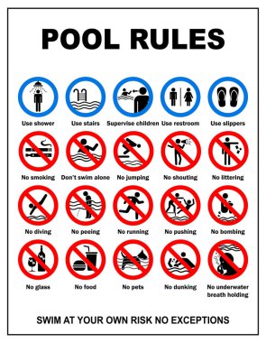 Yüzme havuzu uyarı işareti. Siyah ve beyaz renkli yüzme havuzunda yasak eylemler