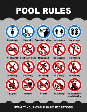 Yüzme havuzu uyarı işareti. Koyu siyah ve gri renkli yüzme havuzunda yasak eylemler