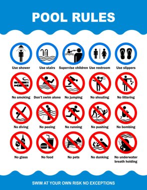 Yüzme havuzu uyarı işareti. Açık mavi ve beyaz renkli yüzme havuzunda yasak eylemler