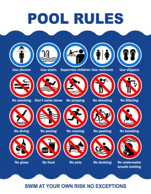 Yüzme havuzu uyarı işareti. Koyu mavi ve beyaz renkli yüzme havuzunda yasak eylemler