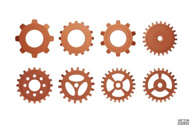 3 boyutlu bakır dişli simgesi ayarlandı. Şanzıman dişlileri ve dişliler beyaz arka planda izole edilmiş. Bronz Makine teçhizatı, ayar sembolü, tamir ve iş akışı konseptini optimize et. 3d vektör illüstrasyonu.