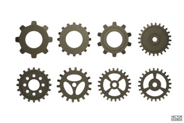 Üç boyutlu Dark Metal Gear simgesi. Şanzıman dişlileri ve dişliler beyaz arka planda izole edilmiş. Metal makine ekipmanları, sembol ayarı, tamirat ve iş akışı konseptini optimize etmek. 3d vektör illüstrasyonu.