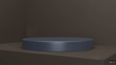Kahverengi stüdyo arkaplanlarının üzerinde parlak mavi yuvarlak kaide. Ürün göstermek için boş ya da temiz oda. Podyum gösterisi ya da vitrin için minimalist bir model. 3B vektör illüstrasyonu.