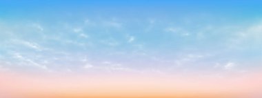 Mavi gökyüzü ve beyaz yumuşak bulutlar açık bir günde gökyüzünde süzüldüler. Güzel hava ve bulutlu güneş ışığı. Arka plan için gün batımı gökyüzü. Mavi ile turuncu arası gökyüzü arkaplan vektörü çizimi.