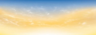 Mavi gökyüzü ve beyaz yumuşak bulutlar açık bir günde gökyüzünde süzüldüler. Güzel hava ve bulutlu güneş ışığı. Arka plan için gün batımı gökyüzü. Mavi 'den sarı gökyüzü vektör çizimi.
