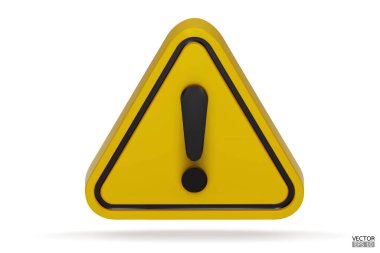 3d Gerçekçi sarı üçgen uyarı işareti beyaz arkaplanda izole edildi. Tehlike uyarısı işareti ve ünlem işareti. Tehlike, Alarm, Tehlikeli dikkat ikonu. 3B Vektör illüstrasyonu.