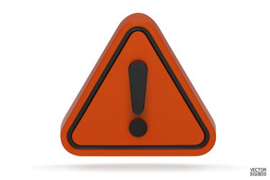 3D gerçekçi turuncu üçgen uyarı işareti beyaz arkaplanda izole edildi. Tehlike uyarısı işareti ve ünlem işareti. Tehlike, Alarm, Tehlikeli dikkat ikonu. 3B Vektör illüstrasyonu.