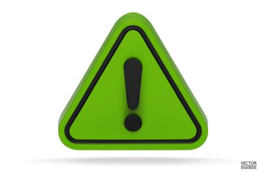 3D Gerçekçi Yeşil Üçgen uyarı işareti beyaz arkaplanda izole edildi. Tehlike uyarısı işareti ve ünlem işareti. Tehlike, Alarm, Tehlikeli dikkat ikonu. 3B Vektör illüstrasyonu.