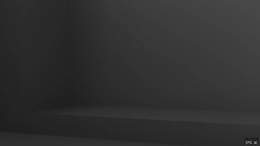 Stüdyo arkaplanı olan soyut siyah ve gradyan ışık arkaplanı. Karanlık boş ekran ya da ürün göstermek için temiz oda. Siyah arka plan. Vektör illüstrasyonu.