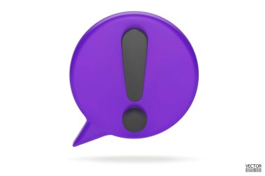 Beyaz arka planda 3D gerçekçi mor yuvarlak uyarı işareti. Tehlike uyarısı işareti. Ünlem işaretli bir konuşma balonu. Yorum simgesi. Tehlike, Alarm, Tehlikeli simge. 3B Vektör illüstrasyonu.