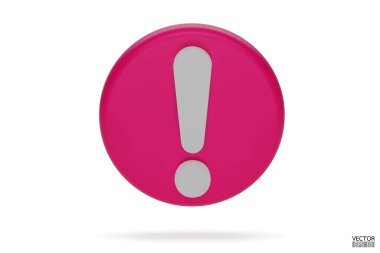 3D gerçekçi pembe yuvarlak uyarı işareti beyaz arka planda izole edilmiş. Tehlike uyarısı işareti ve ünlem işareti. Tehlike, Alarm, Tehlikeli dikkat ikonu. 3B Vektör illüstrasyonu.