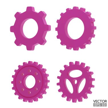 4 adet pembe dişli simgesi. Pembe şanzıman dişlileri ve dişliler beyaz arka planda izole edilmiştir. Pembe Makine teçhizatı, ayar sembolü, tamir ve iş akışı konseptini optimize et. 3d vektör illüstrasyonu.