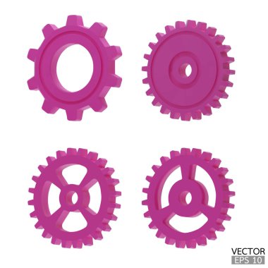 4 adet pembe dişli simgesi. Pembe şanzıman dişlileri ve dişliler beyaz arka planda izole edilmiştir. Pembe Makine teçhizatı, ayar sembolü, tamir ve iş akışı konseptini optimize et. 3d vektör illüstrasyonu.