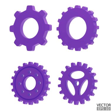 4 mor dişli simgesi seti. Mor şanzıman dişlileri ve dişliler beyaz arka planda izole edilmiştir. Mor Makine teçhizatı, ayar sembolü, onarım ve iş akışı konseptini optimize et. 3d vektör illüstrasyonu.