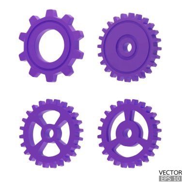 4 mor dişli simgesi seti. Mor şanzıman dişlileri ve dişliler beyaz arka planda izole edilmiştir. Mor Makine teçhizatı, ayar sembolü, onarım ve iş akışı konseptini optimize et. 3d vektör illüstrasyonu.