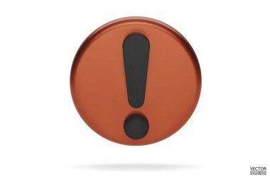 3D gerçekçi bakır yuvarlak uyarı işareti beyaz arka planda izole edildi. Tehlike uyarısı işareti ve ünlem işareti. Tehlike, Alarm, Tehlikeli dikkat ikonu. 3B Vektör illüstrasyonu.