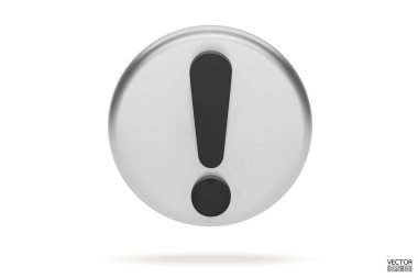 3D gerçekçi gümüş yuvarlak uyarı işareti beyaz arka planda izole edildi. Tehlike uyarısı işareti ve ünlem işareti. Tehlike, Alarm, Tehlikeli dikkat ikonu. 3B Vektör illüstrasyonu.