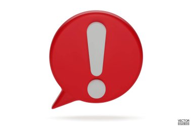 Beyaz arka planda 3D gerçekçi siyah yuvarlak uyarı işareti. Tehlike uyarısı işareti. Ünlem işaretli bir konuşma balonu. Yorum simgesi. Tehlike, Alarm, Tehlikeli simge. 3B Vektör illüstrasyonu.