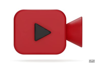 Kırmızı Video kamera simgesi beyaz arkaplanda izole edildi. 3d Gerçekçi film simgesi, uygulamaların arayüzü ve web sayfaları için oynat düğmesi. Video, canlı yayın, multimedya konsepti. 3B vektör illüstrasyonu.