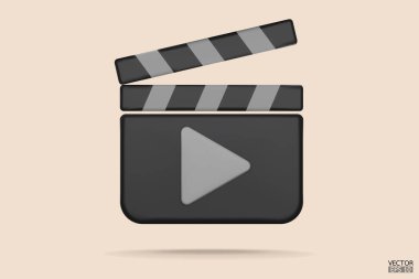 El çırpma tahtası simgesi. Ortam oynatıcı simgeleri. Video oynatıcı simgeleri. Film alkışlayıcısı, film klaketi, video film alkışlama ekipmanı. 3B Vektör Resimleri.