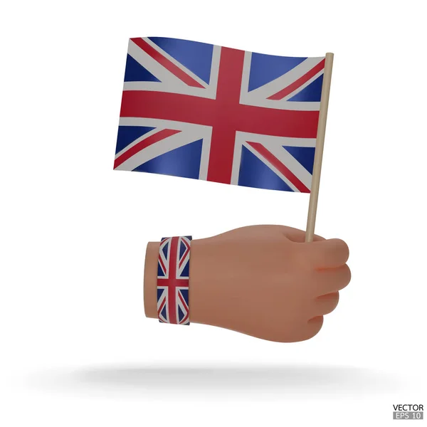 Mano Con Pulsera Que Sostiene Una Bandera Del Reino Unido — Vector de stock