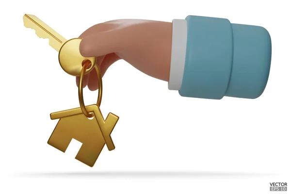 3D卡通手持有黄金房子钥匙抵押贷款 手拿着金屋钥匙链的钥匙 房地产经纪人给钥匙 出租房屋横幅模板 3D矢量插图 — 图库矢量图片