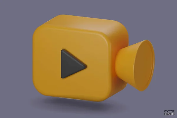 黄色のビデオカメラアイコンは背景に隔離されます 3D現実的な映画のアイコン アプリケーションやWebページのインターフェイスのための再生ボタン ビデオ ストリーミング マルチメディアの概念 3Dベクトル図 — ストックベクタ