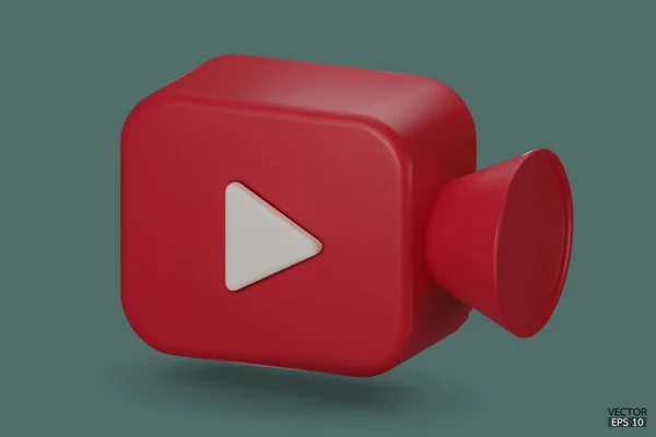 背景に赤いビデオカメラのアイコンが隔離されています 3D現実的な映画のアイコン アプリケーションやWebページのインターフェイスのための再生ボタン ビデオ ストリーミング マルチメディアの概念 3Dベクトル図 — ストックベクタ