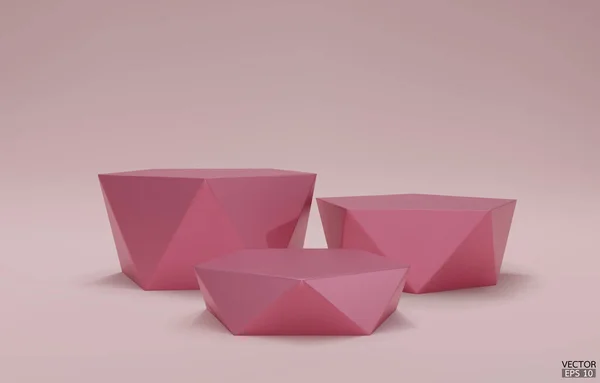 3D矢量几何步台 3玫瑰金六角形立方体 粉红色背景的粉色正方形讲台 概念场景展示 化妆品 3D矢量插图 — 图库矢量图片