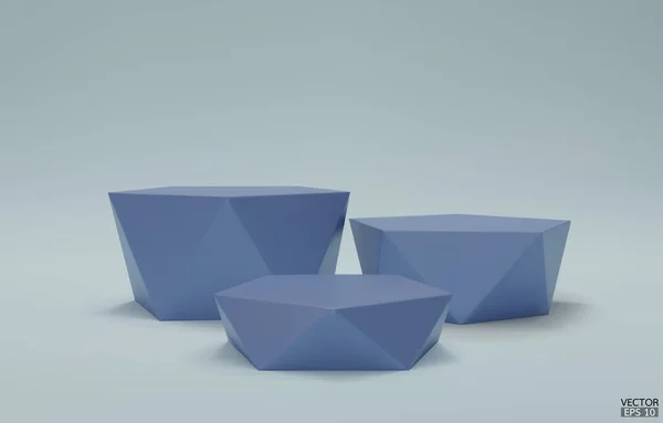 3D矢量几何步台 3蓝色六边形立方体 蓝色正方形底座 概念场景展示 化妆品 3D矢量插图 — 图库矢量图片