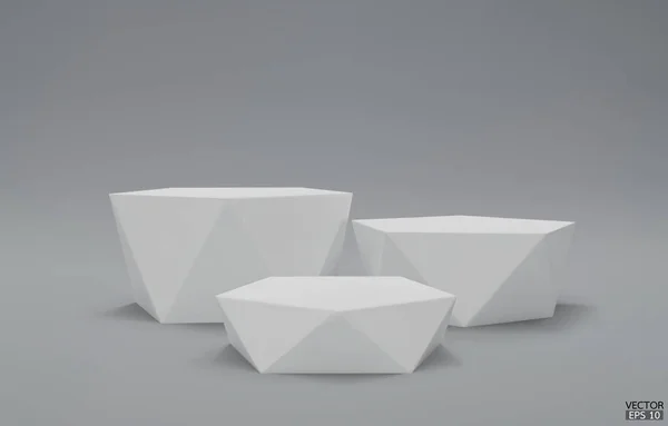 白色几何台阶讲台 3个白色六边形立方体 灰色背景的正方形讲台 概念场景展示 化妆品 3D矢量插图 — 图库矢量图片