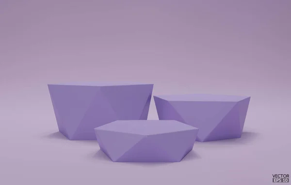 3D矢量几何步台 3个紫色六边形立方体 紫色背景的紫色正方形讲台 概念场景展示 化妆品 3D矢量插图 — 图库矢量图片